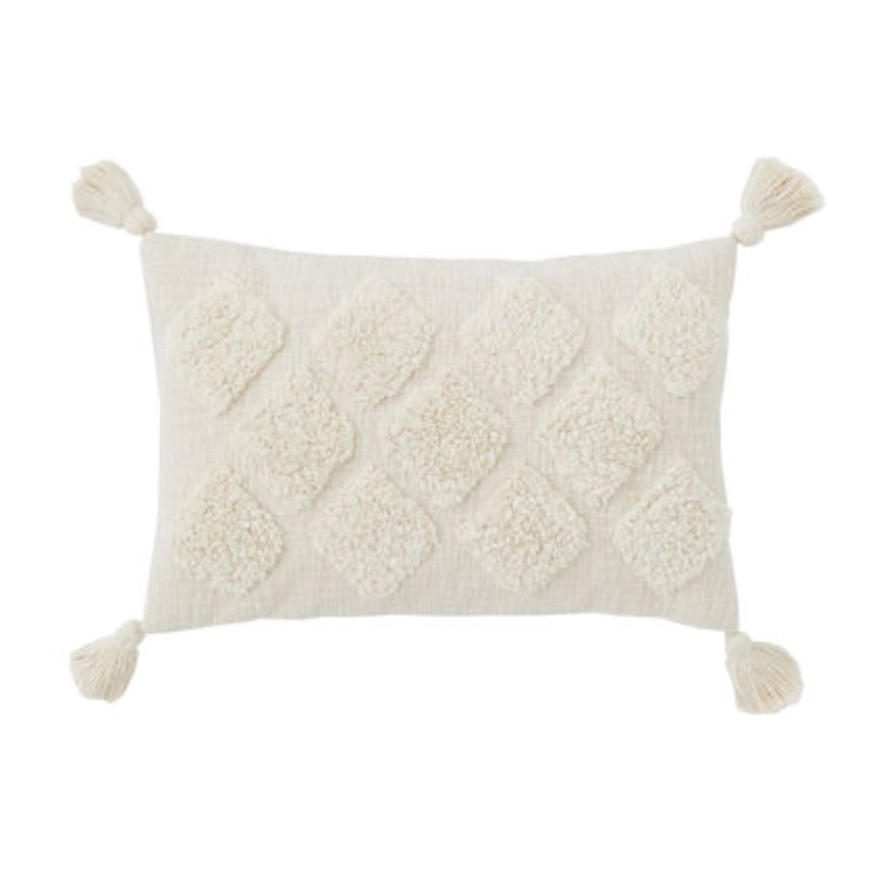 H&M HOME CUSHION COVER WITH TASSELS CREAM NUDE BEIGE IVORY POM POM BOHO